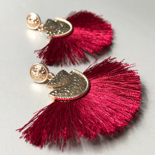 Load image into Gallery viewer, Lightweight wine silk thread fan tassel earrings with textured gold accents