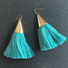 Load image into Gallery viewer, Cersei boho chic tassel earrings with gold accents in sea green