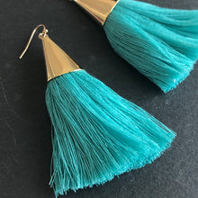 Load image into Gallery viewer, Cersei boho chic tassel earrings with gold accents in sea green