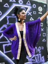 Load image into Gallery viewer, Neola royal purple chiffon gold saree trim womens beachwear resort wear beach kaftan