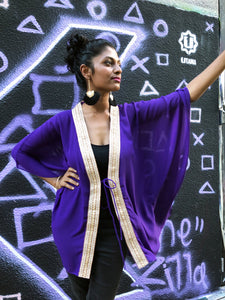 Neola royal purple chiffon gold saree trim womens beachwear resort wear beach kaftan