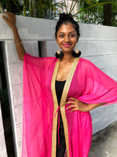 Load image into Gallery viewer, Kassia hot pink crepe chiffon gold saree trimmed womens beachwear long beach kaftan in petite