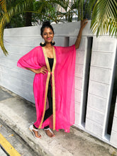 Load image into Gallery viewer, Kassia hot pink crepe chiffon gold saree trimmed womens beachwear long beach kaftan in petite