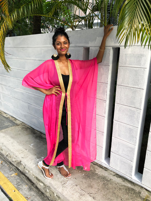 Kassia hot pink crepe chiffon gold saree trimmed womens beachwear long beach kaftan in petite