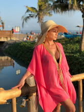 Load image into Gallery viewer, Faberge neon pink rose gold and gold trimmed womens beachwear beach kaftan