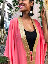 Load image into Gallery viewer, Valeria salmon pink chiffon gold saree trimmed womens beachwear resort wear beach kaftan