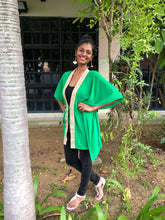 Load image into Gallery viewer, Neola palm green chiffon gold saree trim womens beachwear resort wear beach kaftan