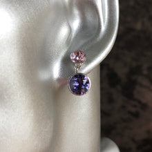 Load image into Gallery viewer, Juvela Swarovski crystal two tone tiered dangle earrings pink and purple