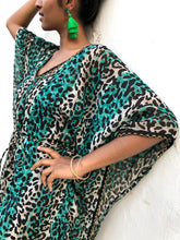 Load image into Gallery viewer, Zeta green leopard chiffon long belted drawstring beach kaftan cover up dress with gold trimmed neckline and sleeves womens beachwear resort wear