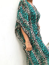 Load image into Gallery viewer, Zeta green leopard chiffon long belted drawstring beach kaftan cover up dress with gold trimmed neckline and sleeves womens beachwear resort wear