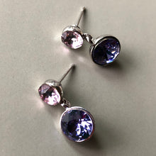 Load image into Gallery viewer, Juvela Swarovski crystal two tone tiered dangle earrings pink and purple