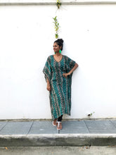 Load image into Gallery viewer, Zeta green leopard chiffon long belted drawstring beach kaftan cover up dress with gold trimmed neckline and sleeves womens beachwear resort wear