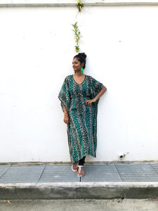 Zeta green leopard chiffon long belted drawstring beach kaftan cover up dress with gold trimmed neckline and sleeves womens beachwear resort wear