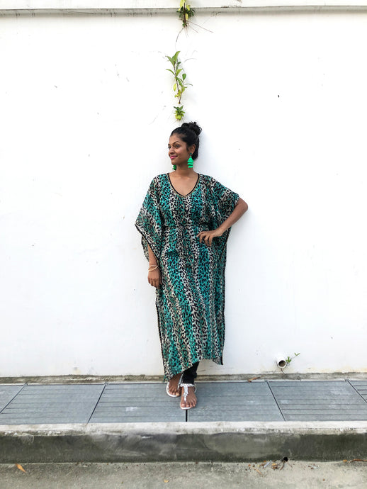 Zeta green leopard chiffon long belted drawstring beach kaftan cover up dress with gold trimmed neckline and sleeves womens beachwear resort wear