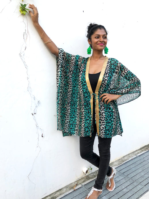Zenobia green leopard chiffon beach kaftan cover up with shiny gold saree trim womens beachwear resort wear