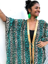 Load image into Gallery viewer, Zenobia green leopard chiffon beach kaftan cover up with shiny gold saree trim womens beachwear resort wear