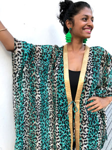 Zenobia green leopard chiffon beach kaftan cover up with shiny gold saree trim womens beachwear resort wear