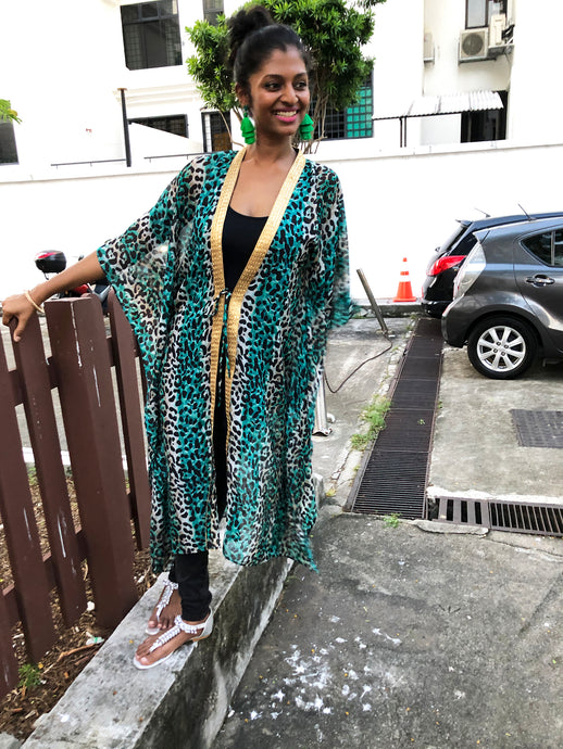 Zenobia green leopard long chiffon beach kaftan cover up with shiny gold saree trim womens beachwear resort wear