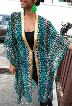 Load image into Gallery viewer, Zenobia green leopard long chiffon beach kaftan cover up with shiny gold saree trim womens beachwear resort wear