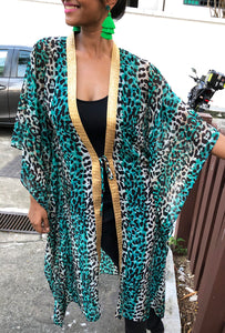 Zenobia green leopard long chiffon beach kaftan cover up with shiny gold saree trim womens beachwear resort wear