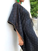 Load image into Gallery viewer, Black lace chiffon long beach kaftan cover up with gold trim around neckline and sleeves Varya black lace chiffon long beach kaftan cover up with gold trim around neckline and sleeves womens beachwear resort wear
