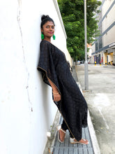 Load image into Gallery viewer, Varya black lace chiffon long beach kaftan cover up with gold trim around neckline and sleeves womens beachwear resort wear