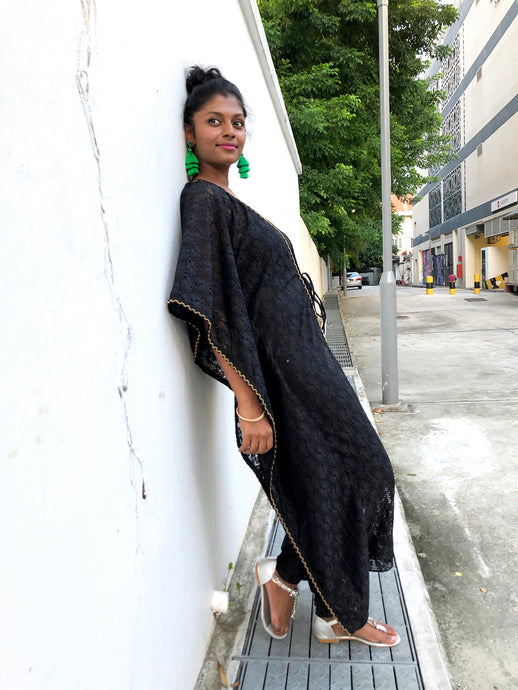 Varya black lace chiffon long beach kaftan cover up with gold trim around neckline and sleeves womens beachwear resort wear