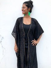 Load image into Gallery viewer, Black lace chiffon long beach kaftan cover up with gold trim around neckline and sleeves Varya black lace chiffon long beach kaftan cover up with gold trim around neckline and sleeves womens beachwear resort wear