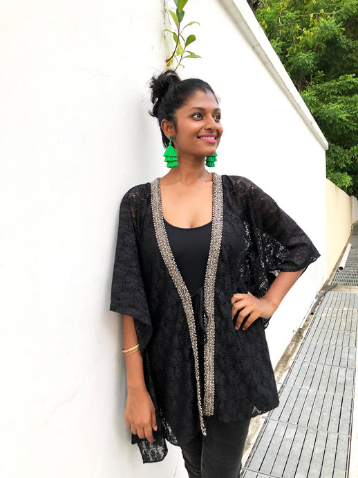 Hera lack lace womens beachwear beach kaftan cover up with hand sewn silver metallic beaded trim