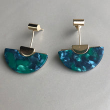 Load image into Gallery viewer, Kikuko marbled resin fan lightweight boho glam dangle earrings in green