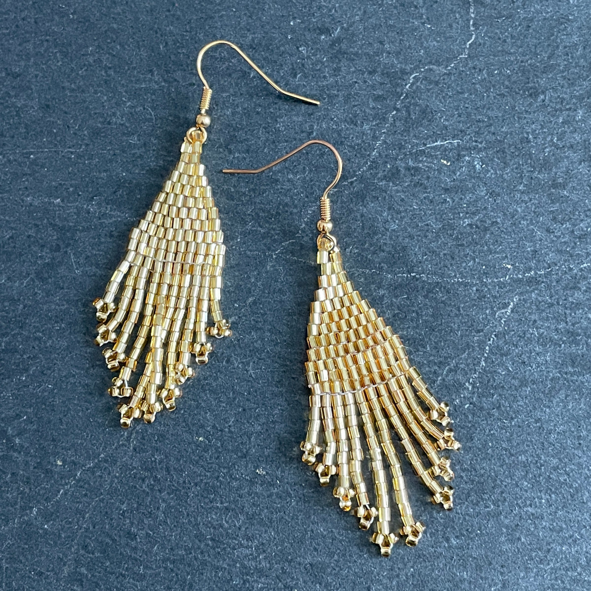 Kaniya shiny gold handmade beaded dangle boho chic earrings, perfect dubai accessories