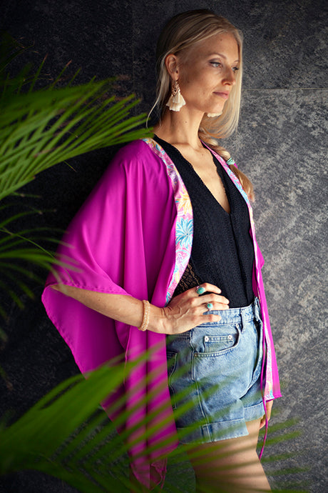 Lestari orchid purple chiffon batik trimmed womens beach kaftan cover up, handmade by Indonesian artisans, for women in Dubai