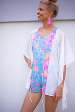 Load image into Gallery viewer, Lestari beach kaftan in white crepe chiffon with Indonesian artisan-made batik trim, sustainably made in Bali for women in Dubai
