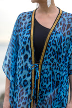 Load image into Gallery viewer, Silk chiffon blue leopard print beach kaftan cover up in dubai for women looking for best beach kaftans online in dubai
