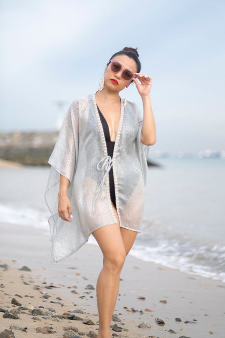Glamorous Lynx beach kaftan with iridescent leopard print and beads, sustainable dubai beachwear for women, made in Bali
