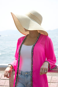 Syren hot pink hand sewn multicoloured bead silver fringe trimmed womens beachwear resort wear beach kaftan robe
