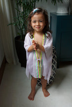 Load image into Gallery viewer, Mischa pale purple lurex chiffon with neon sequin trim kids beachwear resort wear kids kaftan
