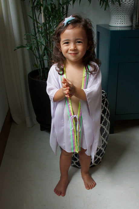 Mischa pale purple lurex chiffon with neon sequin trim kids beachwear resort wear kids kaftan