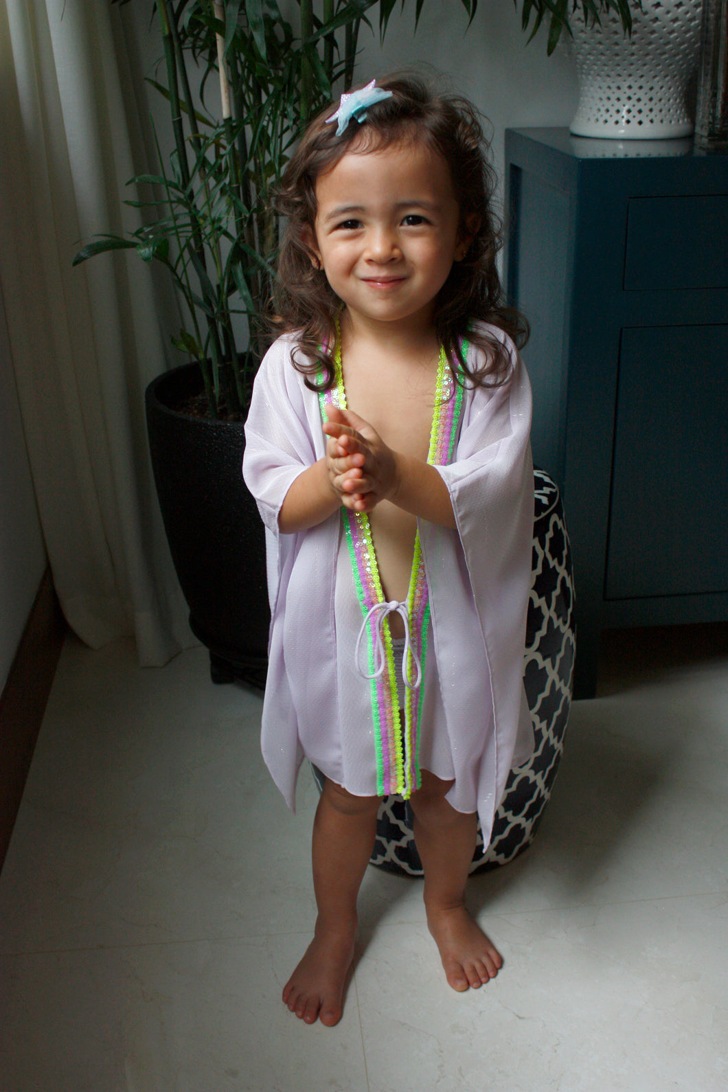 Mischa pale purple lurex chiffon with neon sequin trim kids beachwear resort wear kids kaftan