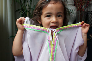 Mischa pale purple lurex chiffon with neon sequin trim kids beachwear resort wear kids kaftan