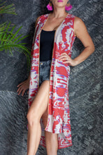 Load image into Gallery viewer, Paza abstract print chiffon gold balls trim womens beachwear resort wear sleeveless kimono