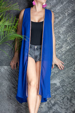 Load image into Gallery viewer, Paza royal blue chiffon gold balls trim womens beachwear resort wear sleeveless kimono