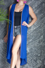 Load image into Gallery viewer, Paza royal blue chiffon gold balls trim womens beachwear resort wear sleeveless kimono