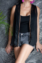 Load image into Gallery viewer, Paza black crepe chiffon gold balls trim womens beachwear resort wear sleeveless kimono