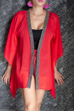 Load image into Gallery viewer, Oriaku red crepe chiffon metallic hand sewn beaded trim womens beachwear resort wear beach kaftan