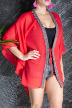 Load image into Gallery viewer, Oriaku red crepe chiffon metallic hand sewn beaded trim womens beachwear resort wear beach kaftan