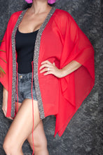 Load image into Gallery viewer, Oriaku red crepe chiffon metallic hand sewn beaded trim womens beachwear resort wear beach kaftan