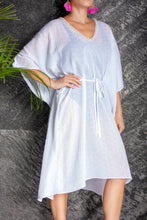 Load image into Gallery viewer, White eyelet crepe chiffon beach belted drawstring womens beachwear beach kaftan cover up with pearl trim neckline