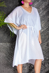 White eyelet crepe chiffon beach belted drawstring womens beachwear beach kaftan cover up with pearl trim neckline