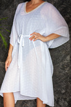 Load image into Gallery viewer, White eyelet crepe chiffon beach belted drawstring womens beachwear beach kaftan cover up with pearl trim neckline